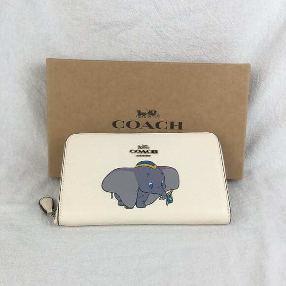 Disney Coach Dumbo Zip Wallet Ivory X Leather Accordion Long Wallet Logo Print - Picture 1 of 8